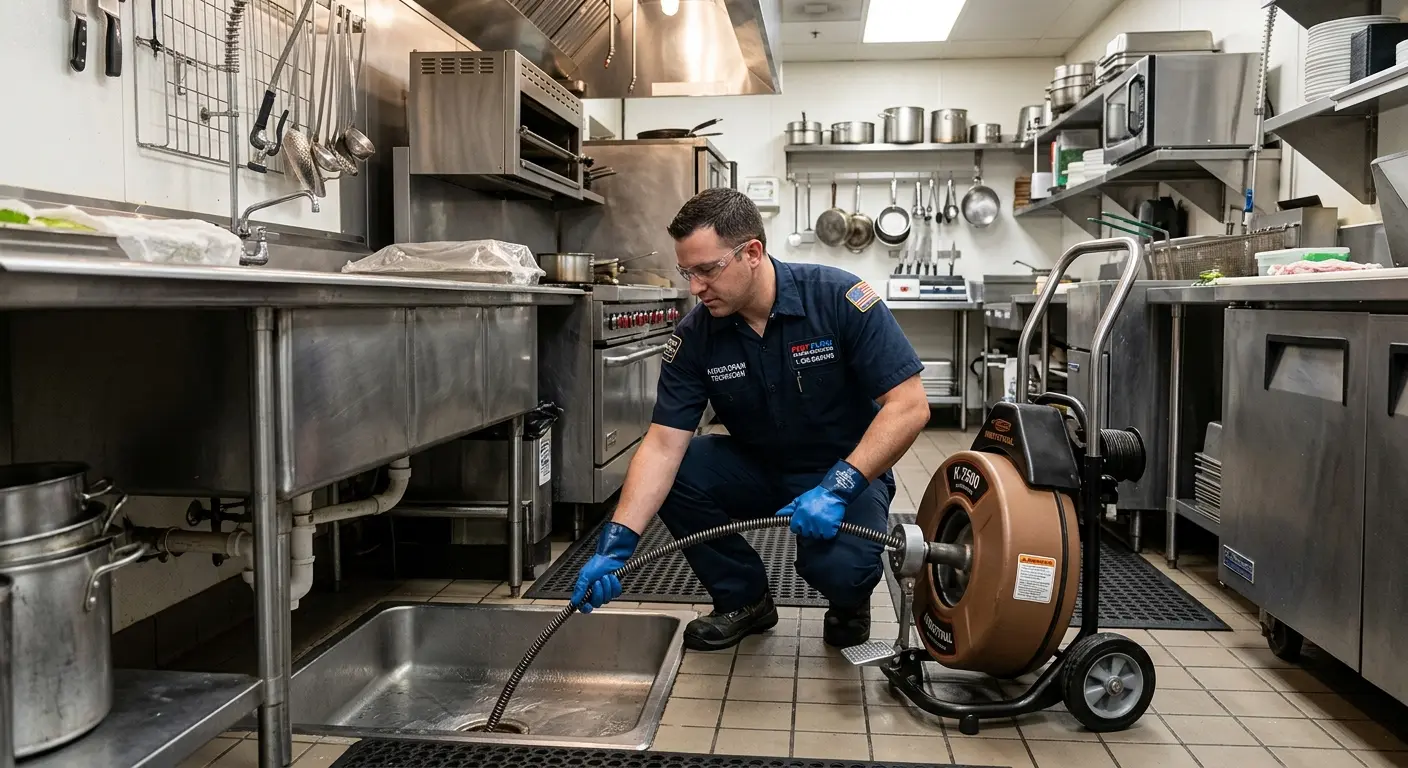 Commercial drain cleaning service in a restaurant kitchen in Anderson