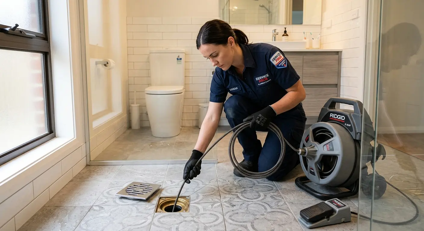 Technician clearing a bathroom floor drain for Hydro Jetting in Anderson